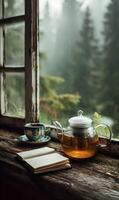 Cozy window scene with teapot cup and book ideal for relaxation and quiet contemplation on a rainy day photo