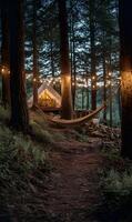 Peaceful forest camping scene with a hammock and illuminated tent under a canopy of trees photo