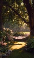 Sunlit hammock nestled among trees offering a tranquil escape into nature's embrace beckoning relaxation and serenity photo