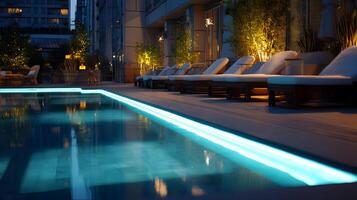 Serene night scene featuring a sleek swimming pool illuminated with cool blue lights in a modern resort photo