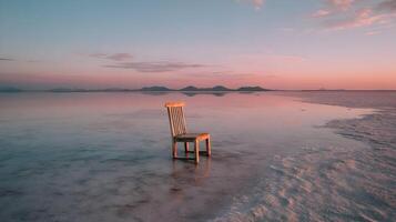 A solitary chair stands at the edge of a tranquil lake basking in the soft hues of dawn photo
