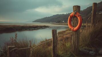 Idyllic coastal scene with life preserver and tranquil estuary landscape under a cloudy sky photo