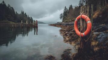 Lifeguard ring on a post at the edge of a tranquil lake on a cloudy day, perfect for recreation photo
