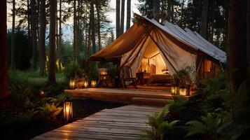 Luxurious tent in the forest with a wooden walkway leading to the cozy and illuminated interior photo