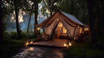 Experience Luxurious Glamping amidst the Serene Woods at Night with Illuminated Tent and Lanterns photo