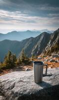 Coffee break with a mountain view enjoying the scenic vistas on a sunny day retreat in nature photo