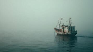 Old fishing boat shrouded in mist navigating the tranquil waters near the mysterious shore photo
