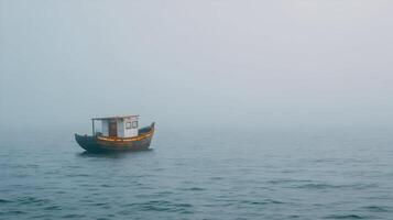An old fishing boat sits still in the water surrounded by heavy fog casting a moody atmosphere photo