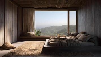 Serene mountain view bedroom retreat with natural light and rustic wood interior design scheme photo