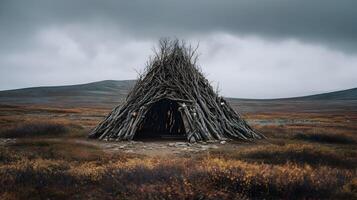 Mystical hut amidst a windswept tundra landscape under an overcast sky offering a tranquil atmosphere photo