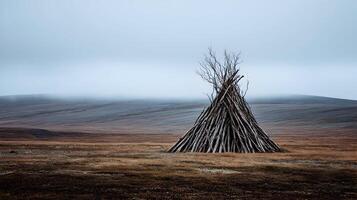 An artistic rendering of a teepee constructed from branches against a desolate landscape backdrop photo