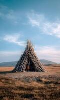 Teepee structure stands gracefully in a vast golden field under a blue sky, hinting at rustic adventures photo