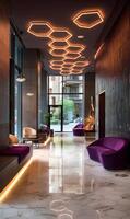 Illuminated hexagon patterns create a mesmerizing modern hallway experience in luxurious apartment building photo