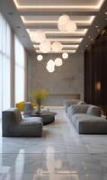 Modern lobby featuring stylish lighting and seating creating a welcoming sophisticated atmosphere design photo