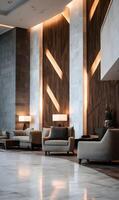 Modern lobby interior with marble floor and textured wall panels creates inviting atmosphere for guests photo
