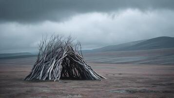 Barren landscape with a rudimentary shelter constructed from branches underneath stormy clouds photo
