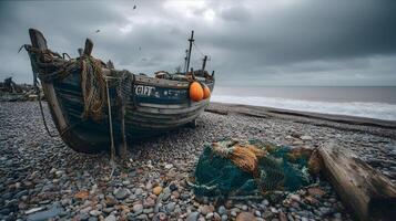 Weathered fishing boat rests on a pebble beach under a dramatic sky near the ocean waves photo