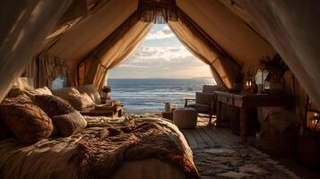 Luxurious tent interior facing the ocean, offering a serene and comfortable glamping experience near the beach photo