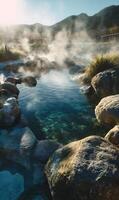 Steaming hot springs nestled among rocks and mountains creating a tranquil and therapeutic experience photo