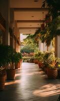 Sunlit garden corridor with potted plants creating a tranquil atmosphere for relaxation and enjoyment photo