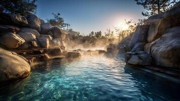 Experience tranquility in a secluded hot spring surrounded by nature and bathed in gentle sunlight photo