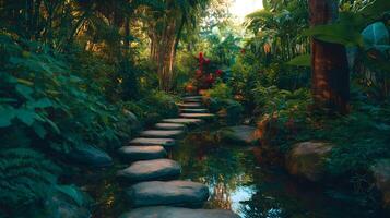 Tranquil stone path winding through lush tropical garden leading towards hidden paradise photo