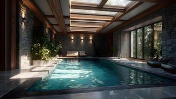 Luxury indoor swimming pool with natural light cascading through a skylight and large windows photo