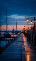 Enchanting harbor scene at dusk capturing the magic of twilight with illuminated pier lights photo