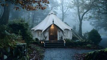 Luxury tent nestled amidst the serene embrace of a misty forest offering a cozy retreat photo