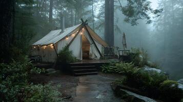 Cozy glamping experience in a misty forest with a tent illuminated by soft string lights photo