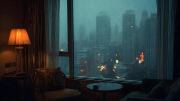 Cozy indoor scene with a warm lamp illuminating a room overlooking a rainy city skyline view photo