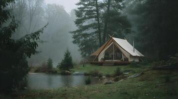 Glamping in the rain provides a peaceful retreat to nature next to the tranquil waters photo