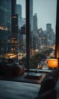 Cozy urban living showcasing a cityscape view from a serene bedroom illuminated by soft light indoors photo