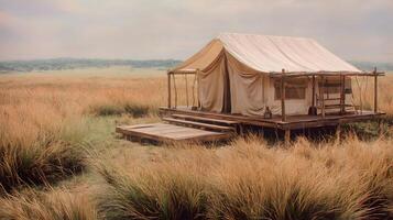 Luxury tented camp evokes a sense of adventure and connection to nature in remote grassland photo