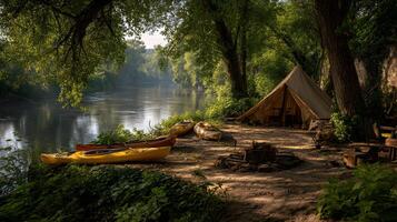 Riverside camping retreat with a tent and kayaks basking in the morning light scenery photo