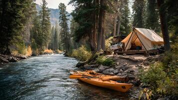 Peaceful riverside camping in lush forest a serene getaway with kayak adventures and tranquil nature photo