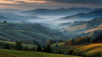 Serene mountain landscape with rolling hills and mystical fog at sunrise under a soft sky photo