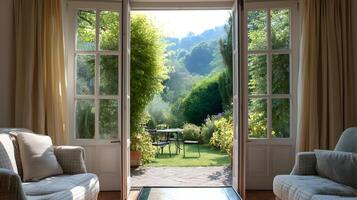 Inviting interior view of an open doorway to a lush garden patio on a sunny day scene photo