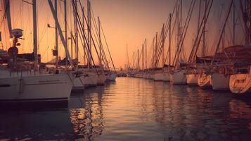 Golden hour at the marina shows moored sailboats casting reflections on the tranquil water surface photo