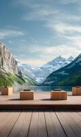 Scenic mountain lake backdrop with wooden platform showcasing minimalist podiums for product presentation photo