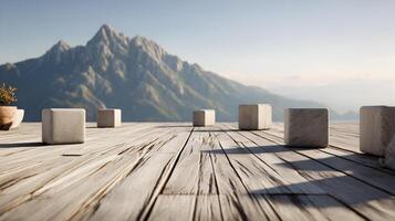 Serene mountain vista with wooden platform and stone cubes for product placement and mockups photo
