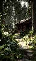 Enchanting cabin nestled deep within a serene forest bathed in sunlight and lush greenery landscape photo