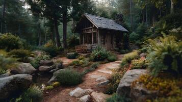 Secluded rustic cabin nestled in a lush green forest surrounded by nature and foliage photo