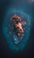 Aerial view of a small island with trees surrounded by dark blue water creating a scenic beauty photo