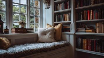 Cozy reading nook with window seat and bookshelf inviting a quiet moment of contemplation and literature photo