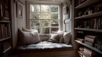 Serene reading nook featuring a cozy window seat with cushions and a charming bookshelf filled with books photo