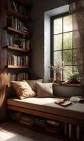A Cozy Reading Nook Bathed in Sunlight Inviting Serenity and Literary Escape Near Window Bookshelves photo