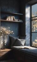 Cozy reading nook bathed in soft light a tranquil window seat invites relaxation and escape with nature photo