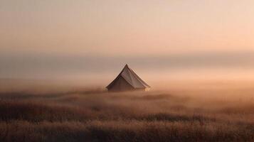 Tranquil Glamping Escape Tent Embraced by a Mystical Fog in a Serene Meadow Landscape photo