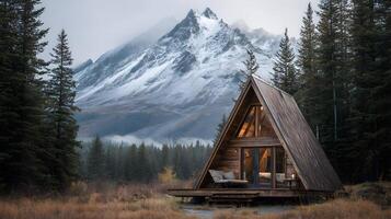 A frame cabin nestled in a serene landscape with snowy mountain backdrop and lush trees photo